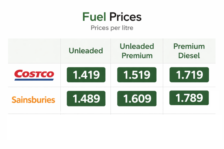 fuel prices comparison at costco and sainsburies